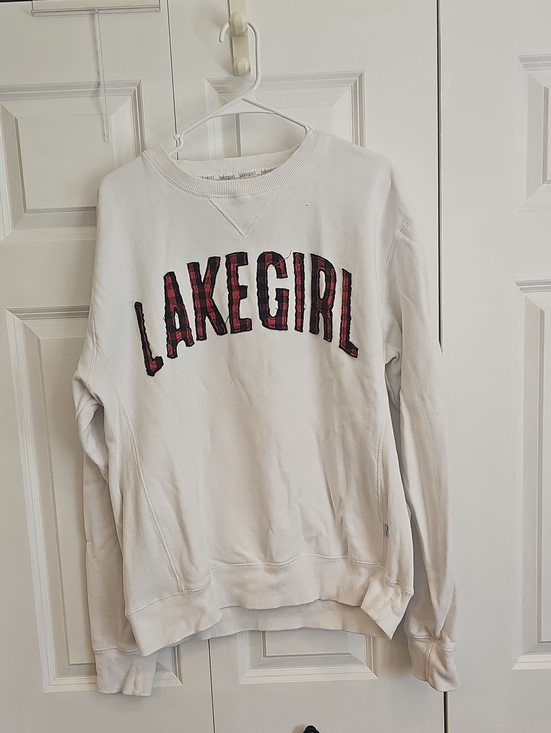 Lakegirl Tops - LakeGirl White Crewneck Sweatshirt with Red Plaid Lettering